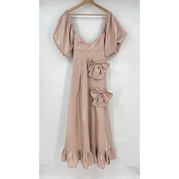 Sister Jane | NWT Bow Maxi Dress in Rose Quartz Puff Sleeve Satin Twill XS - Picture 3 of 16
